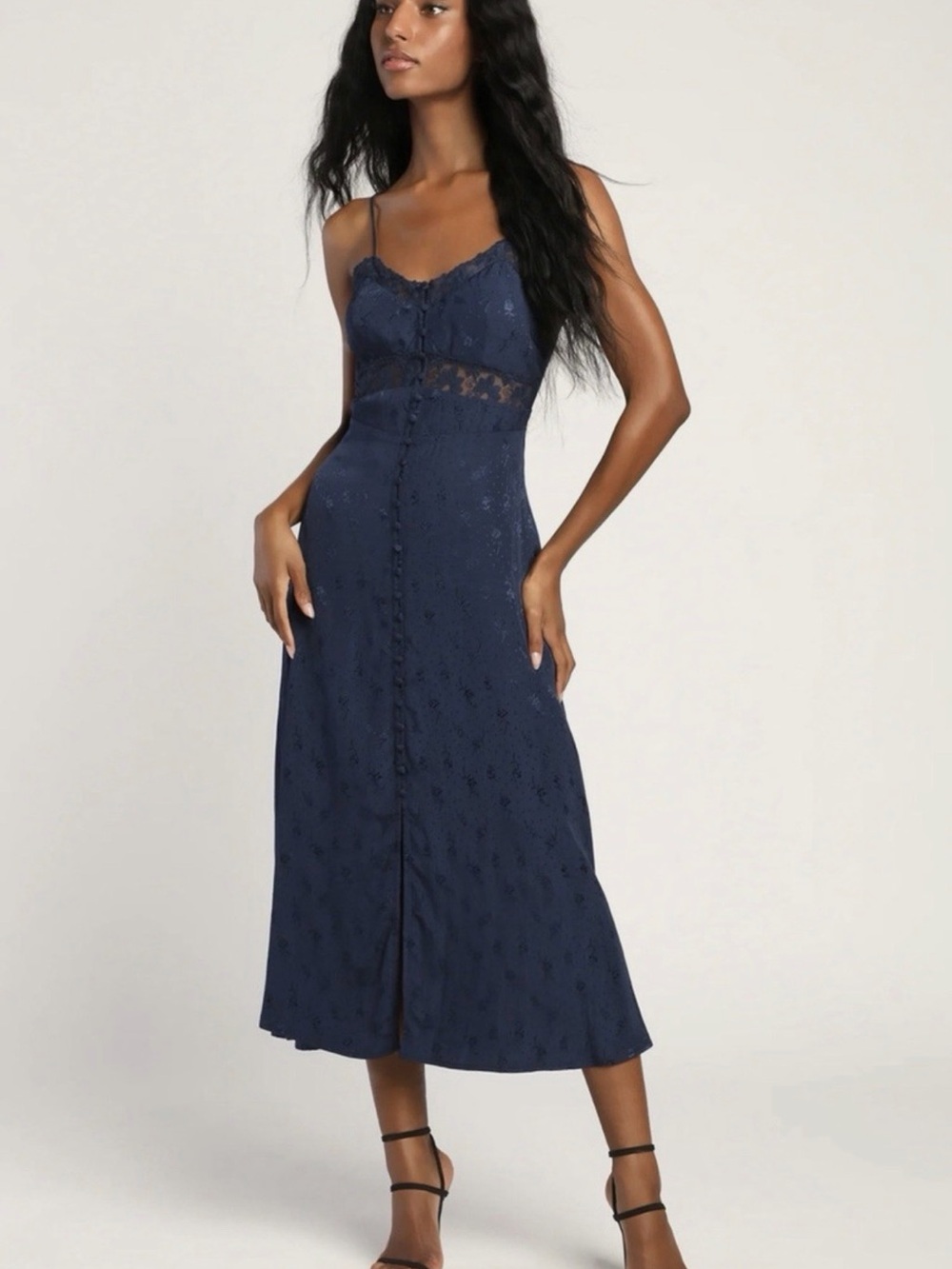 Lulu's Navy Lace-Trim Midi Slip Dress size L